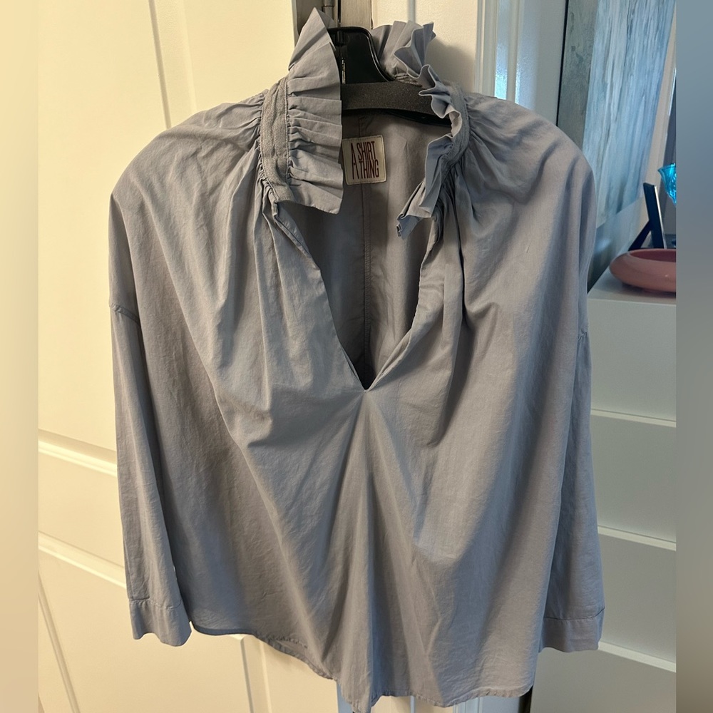 A Shirt Thiny gray linen shirt with ruffled collar size small